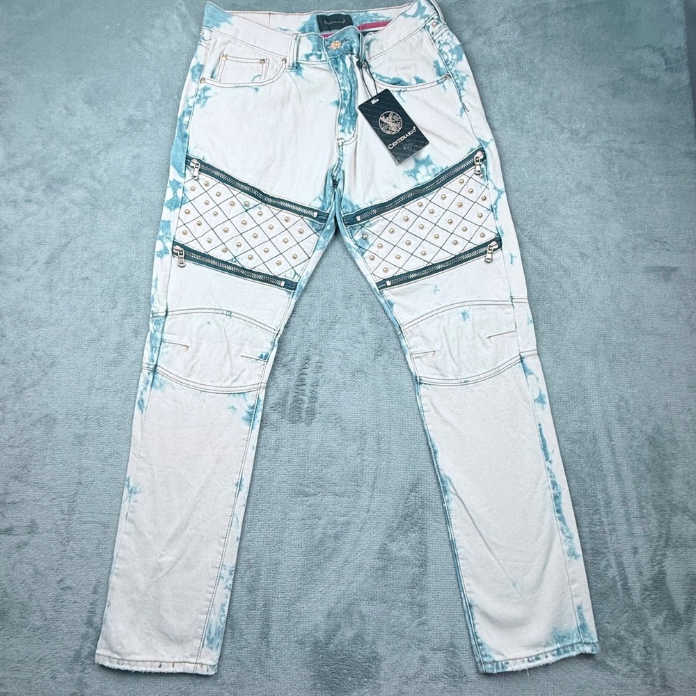 Centenario Mens Acid Wash Biker Jeans White Blue Studded Quilted 34x32 NWT